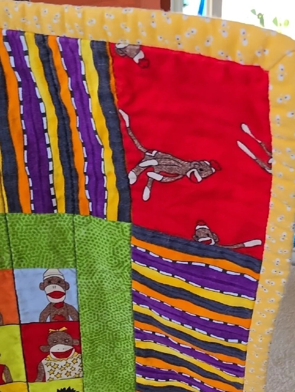 Kids Colorful Patchwork Quilt Blanket w/Sock Monkey & Banana Motif 🐒🍌♥️